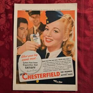 1944 Chesterfield Cigarettes Vintage Print Ad WWII Pin-Up Carole Landis